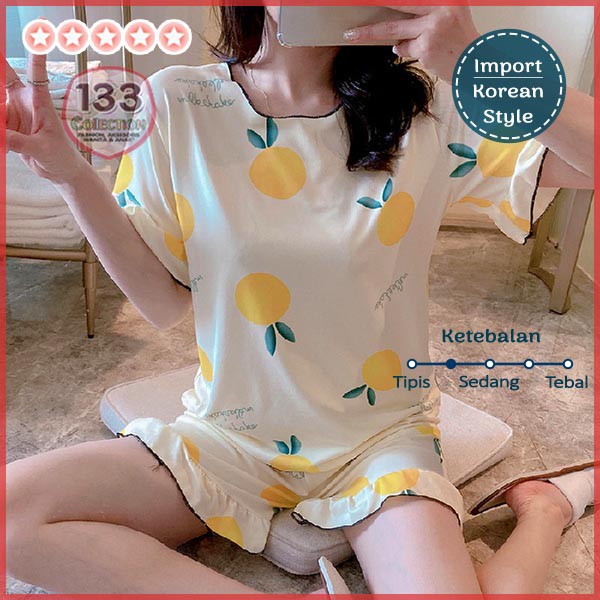 Baju Tidur Neci Keriwil Import Rumbai 居家服 | Setelan Piyama HP Hotpants Gelombang-Orange