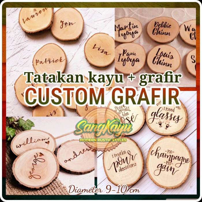 Tatakan kayu plus Grafir laser custom nama dan ukuran wood slice 9-10 - 4 x 1 cm