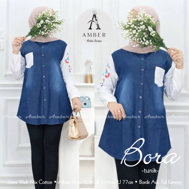 BORA TUNIK JEANS WASH MIX COTTON ALL SIZE FIT TO XL LD 104CM PJ 77CM BORDIR ASLI FULL KANCING