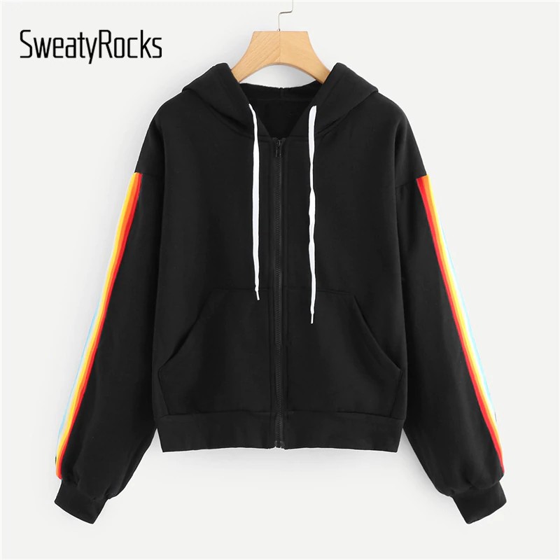 black hoodie with rainbow stripe