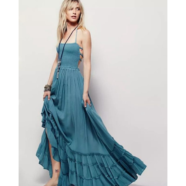 blue backless bohemian boho dress ethnic pantai summer