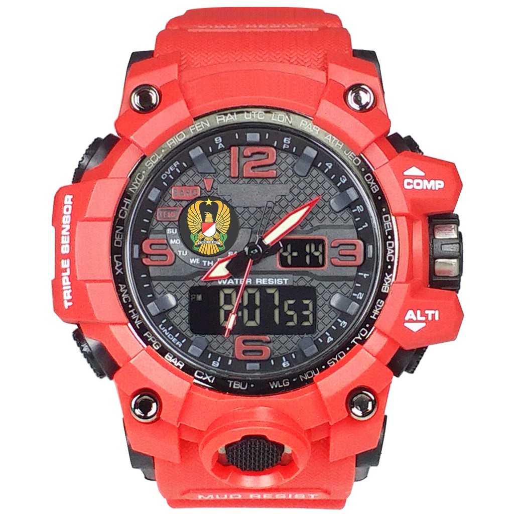 (Istimewa Bossque) Jam LOGO TNI - AD Double Time Full Merah (Exclusive)