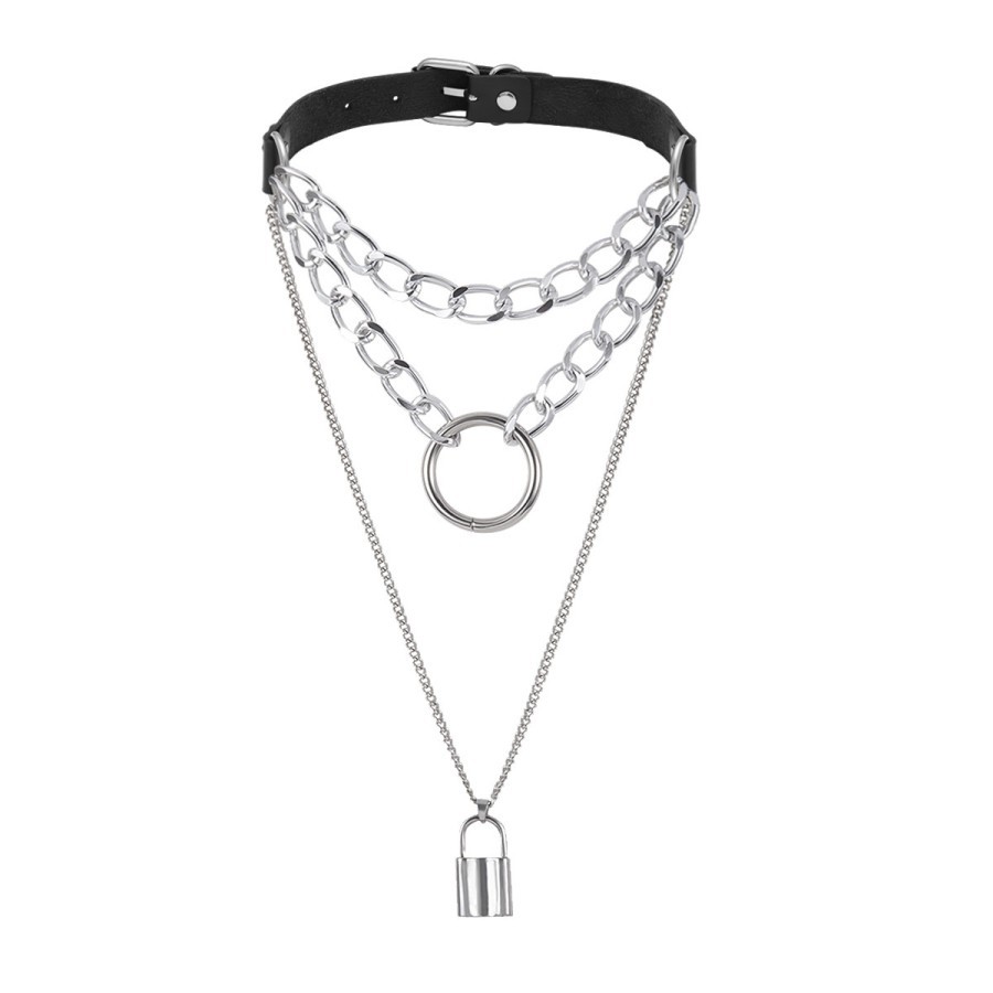 CH-14 kalung choker wanita rantai silver pu leather gothic punk