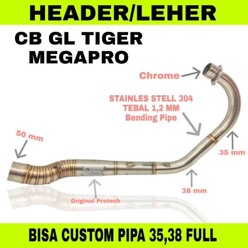 Header/Leher/Pipa 35-38m semi kompetisi Knalpot Racing Honda CB 100 MP GL PRO/Max TIGER MEGAPRO Here