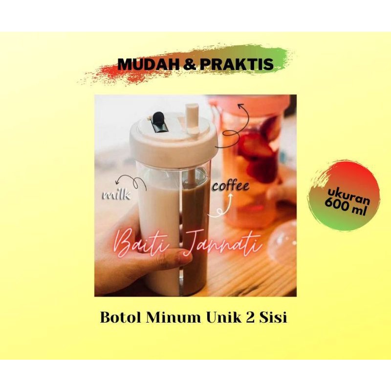 Botol Minum Serba Guna MQ 600ml Botol Air Minum Sedotan Tempat Air Minum silicone  2 kompartemen dan