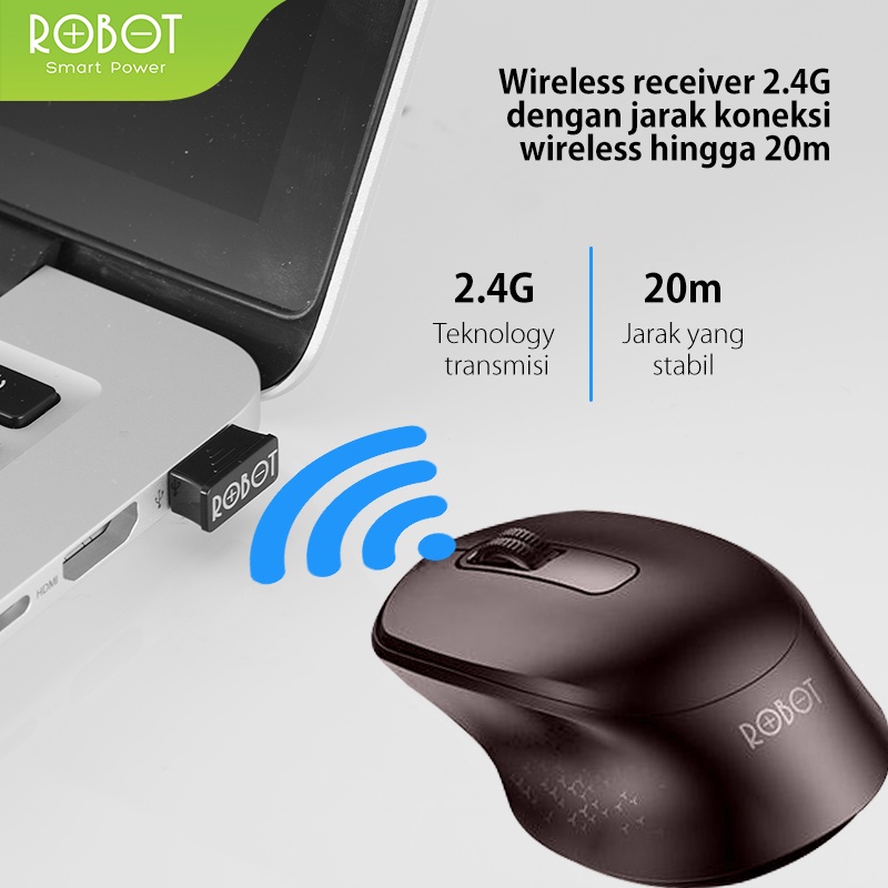 Mouse Wireless ROBOT M312 2.4GHz Silent Optical 1600DPI dengan Receiver USB untuk PC Laptop Original