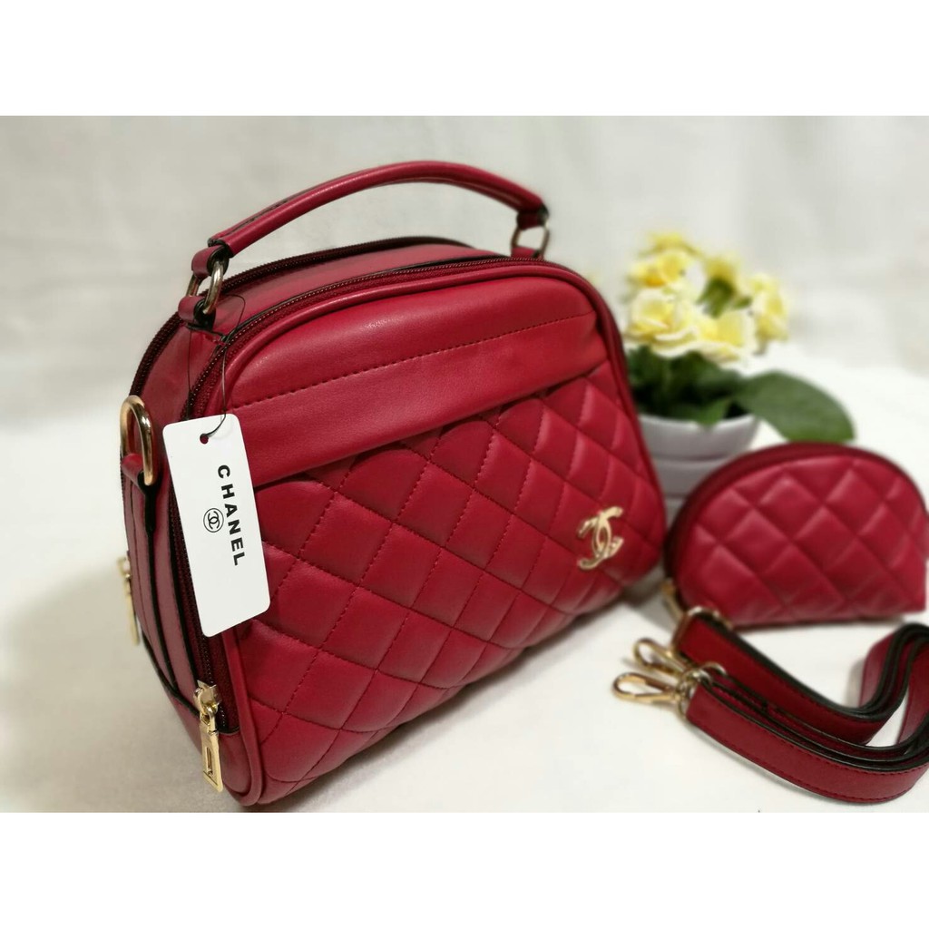 Terbatas Tas Wanita Fashion Branded Chanel Apel 2 Ruang Set Dompet Warna Merah
