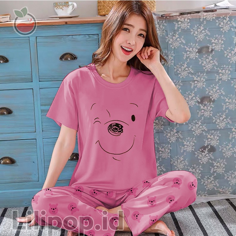 Lilipop.id  Baju Tidur Wanita CP Pooh Setelan Piyama BabyDoll Kaos Celana Panjang