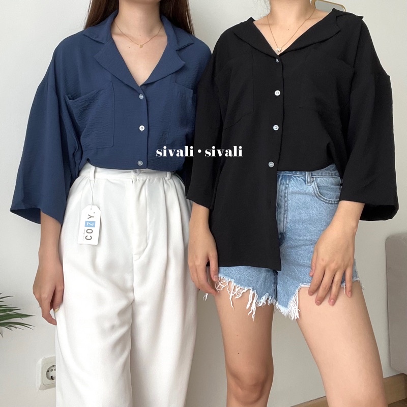 SIVALI Saff Top | Kemeja Loose Crinkle Double Pocket - Oversized Loose Shirt - Atasan Wanita