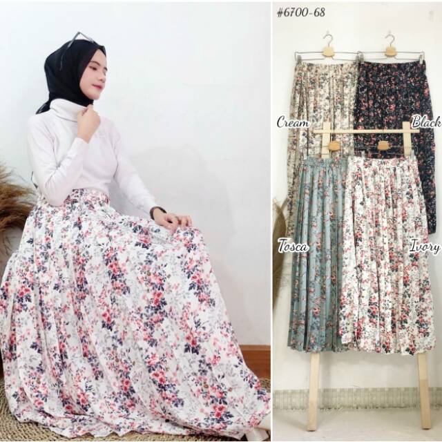 ANDREA FLORAL PLEATS SATIN MAXI SKIRT