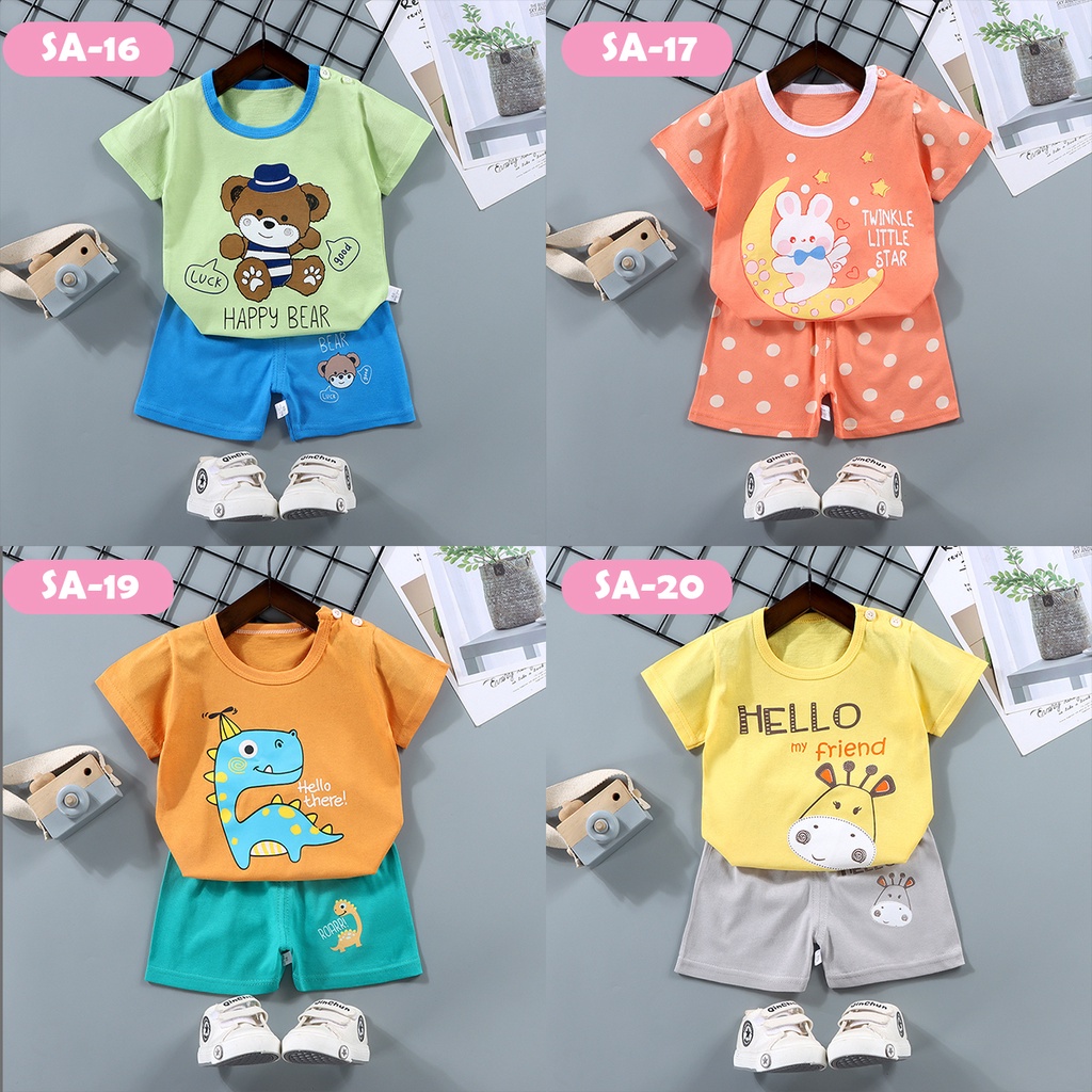 Baju Setelan Anak Laki Laki Perempuan Katun Lengan Pendek Model Terbaru umur 1 2 tahun 9 12 24 bulan Pakaian Rumah Santai Harian Jalan Fashion Motif  Karakter Hewan Kartun Lucu Imut Cantik Kekinian