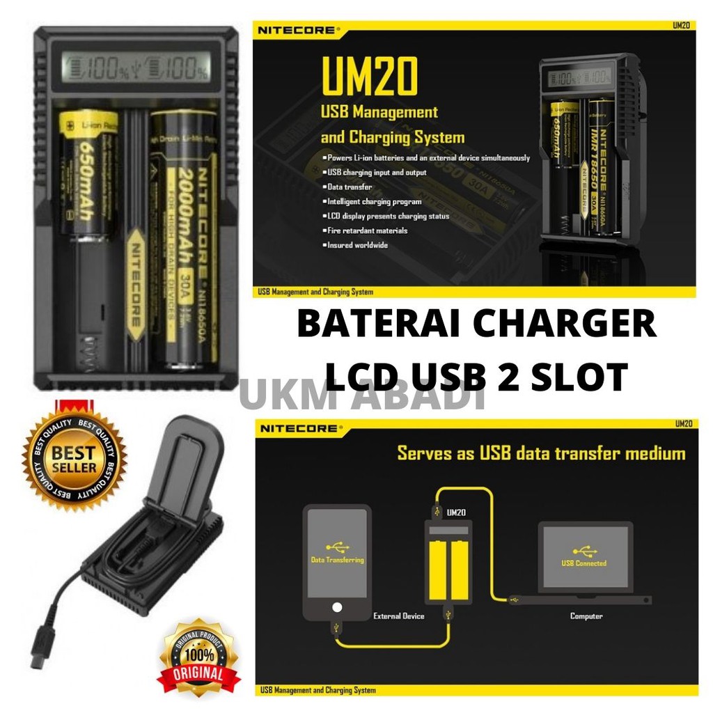 Nitecore UM20 LCD Baterai Charger USB Multifungsi 2 Slot 111107