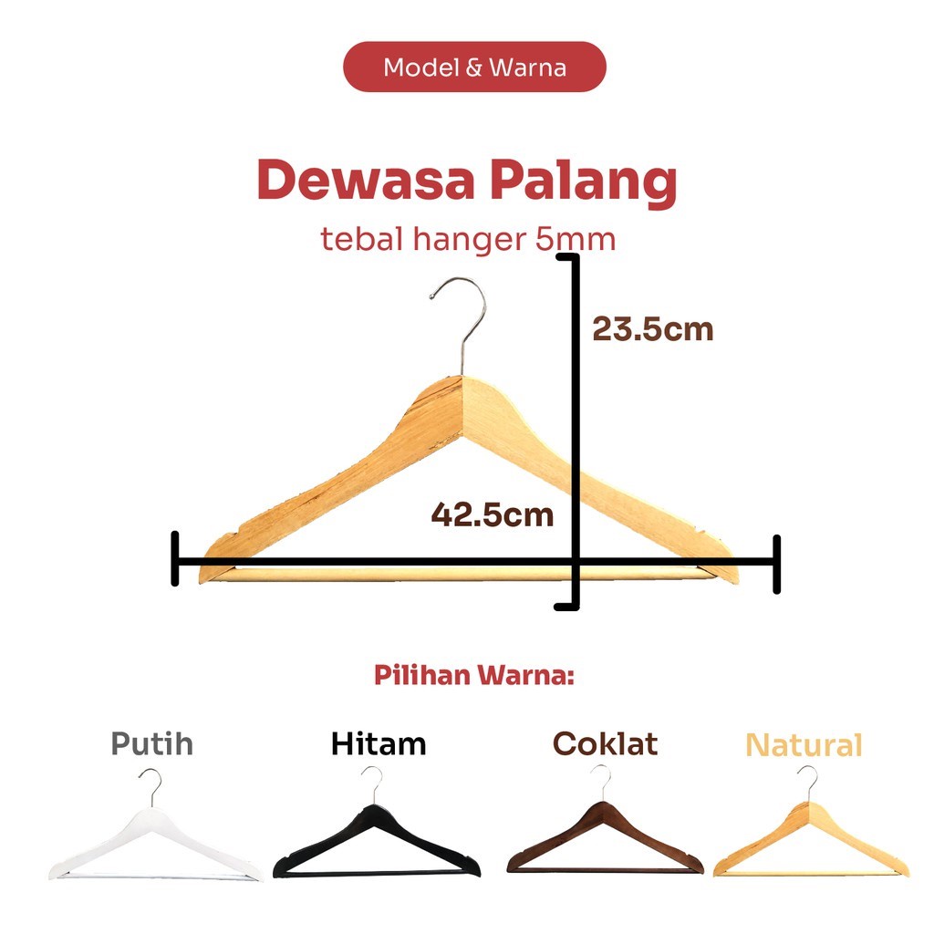 Premium Wood Hanger - Gantungan Baju Kayu Warna Natural - Ada Ukuran Anak dan Dewasa