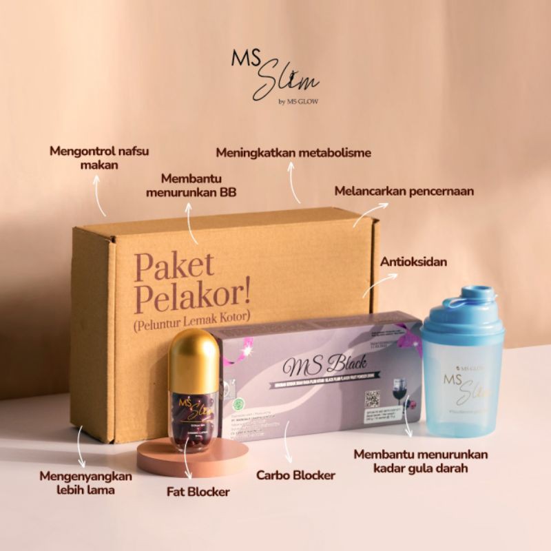 MS Glow Paket Pelakor isi MsBlack + Slimming Capsule free tumbler