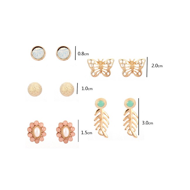 LRC Anting Set Fashion Gold Alloy Openwork Butterfly Flower With Diamond Leaf Studs 5 Pairs F78109