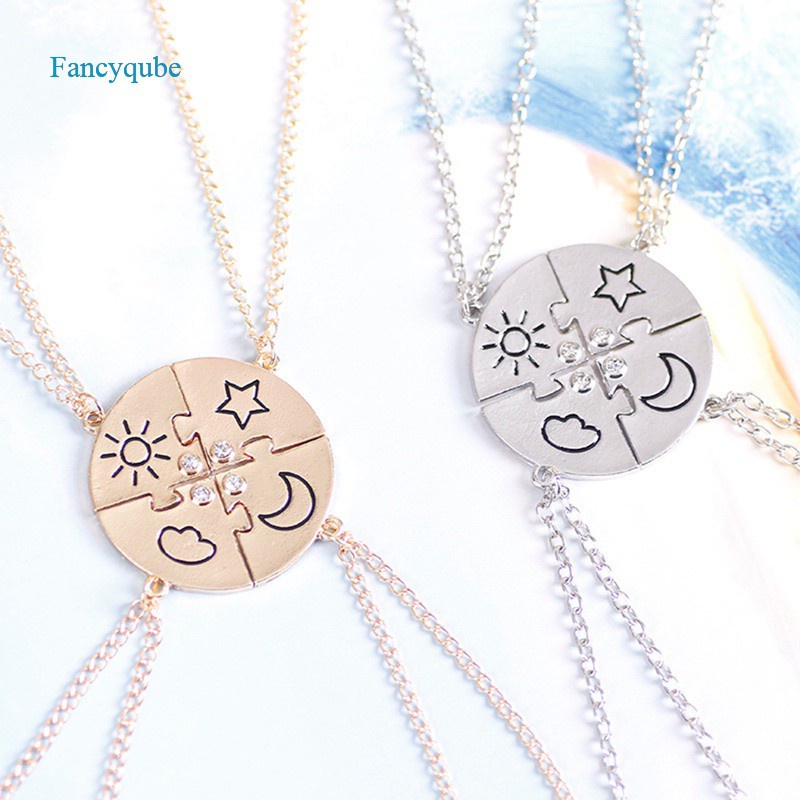 4Piece/Set Best Friend Friendship Necklace Sun Moon Cloud And Star Inlaid Rhinestone Stitching BFF Pendant Fashion Jewelry Gift|Pendant Necklaces