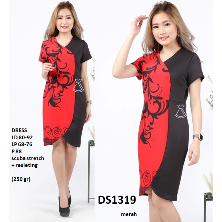 seo Bayar Ditempat promo DS1319 DRESS SCUBA MOTIF DRESS KANTOR MIDI WANITA GROSIR MURAH