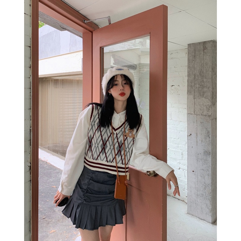 rompi rajut wanita Korea style baju rajut V neck crop top sweter kotak-kotak