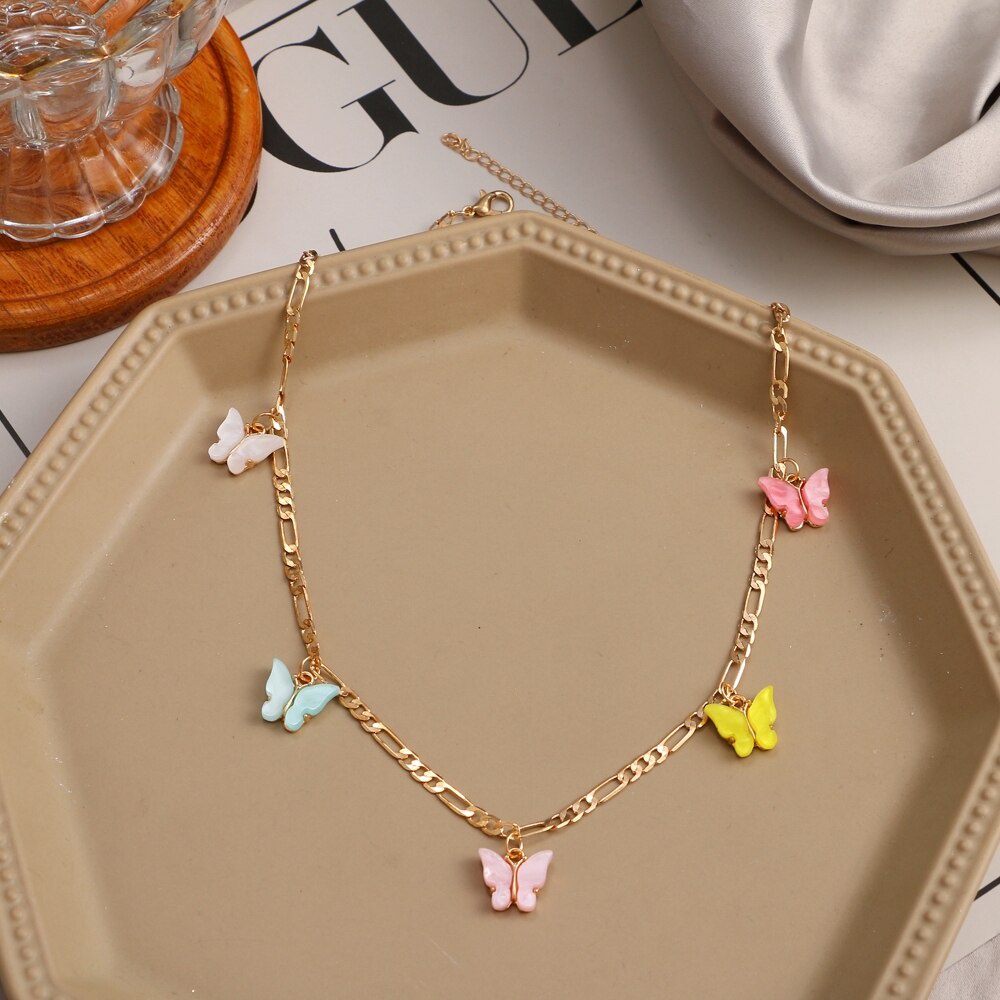 Fashion Figaro Gold Chain Necklace For Women Charm Colorful Butterfly Pendant Choker Women's Neck Chains Necklaces Jewelry