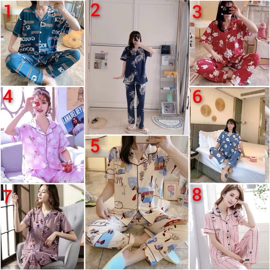 BAJU TIDUR PIYAMA PEREMPUAN CP SPANDEX IMPORT BERKUALITAS MOTIF KRA KANCING LENGAN PENDEK SETELAN CELANA PANJANG MOTIF BUNGA TERBARU SIZE L-XXL FIT TO 75KG