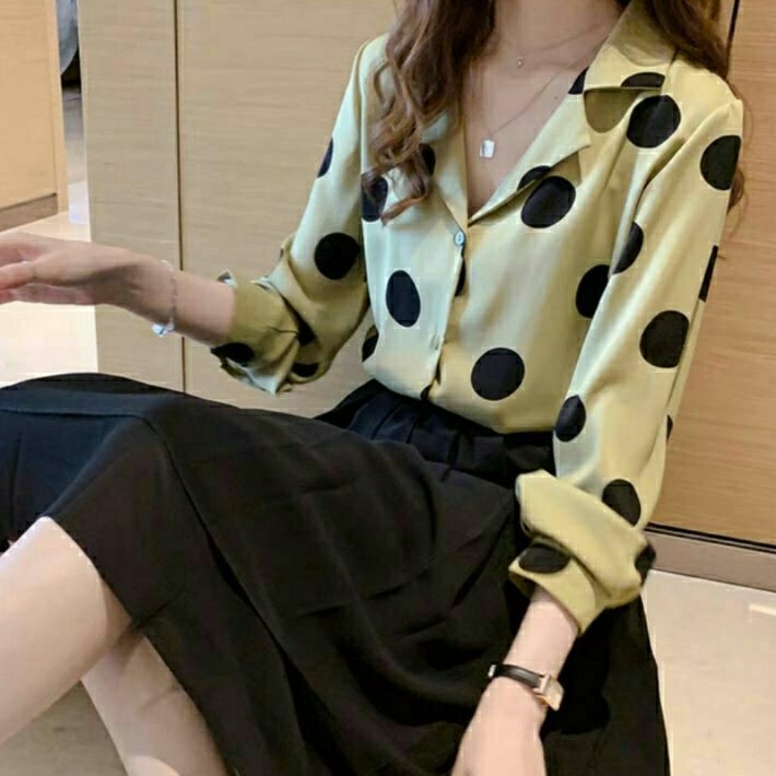 8380 Baju atasan kemeja polkadot wanita import baju atasan kemeja blouse kerja kantor motif polka le