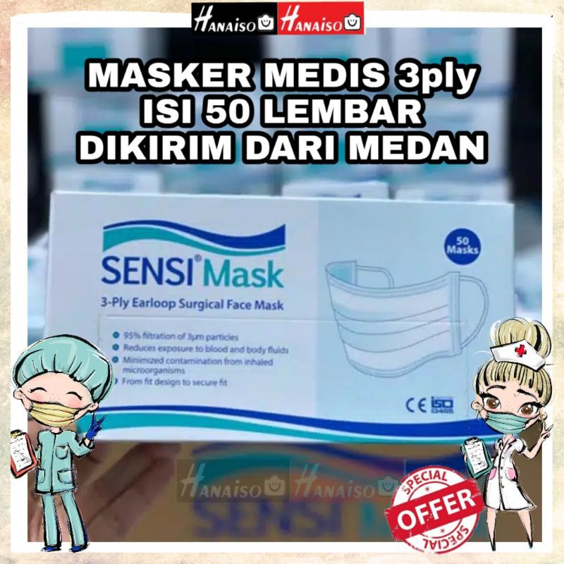 MASKER SENSI MASK 3PLY 3 PLY 50 pcs MASKER MEDIS BNPB / SURGICAL Emboss DISPOSABLE MASKER HIJAB HITAM PUTIH