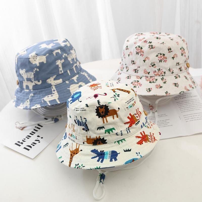 Bucket hat baby Topi pantai pelindung matahari bayi motif printing lucu