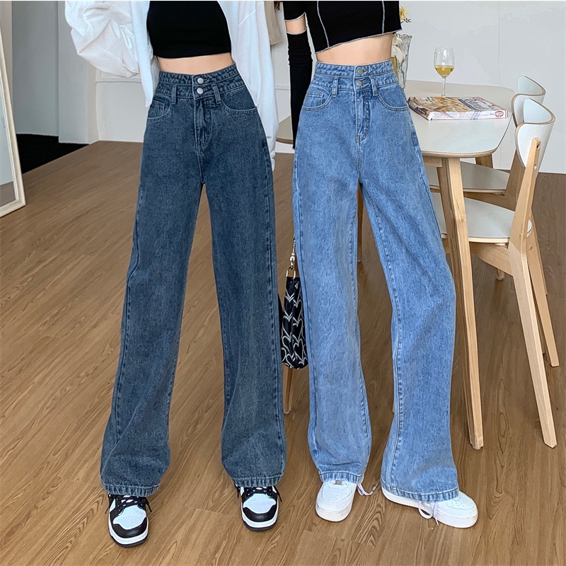 Celana panjang wanita baru slim-fit high-waist straight-leg jeans（Two buttons）