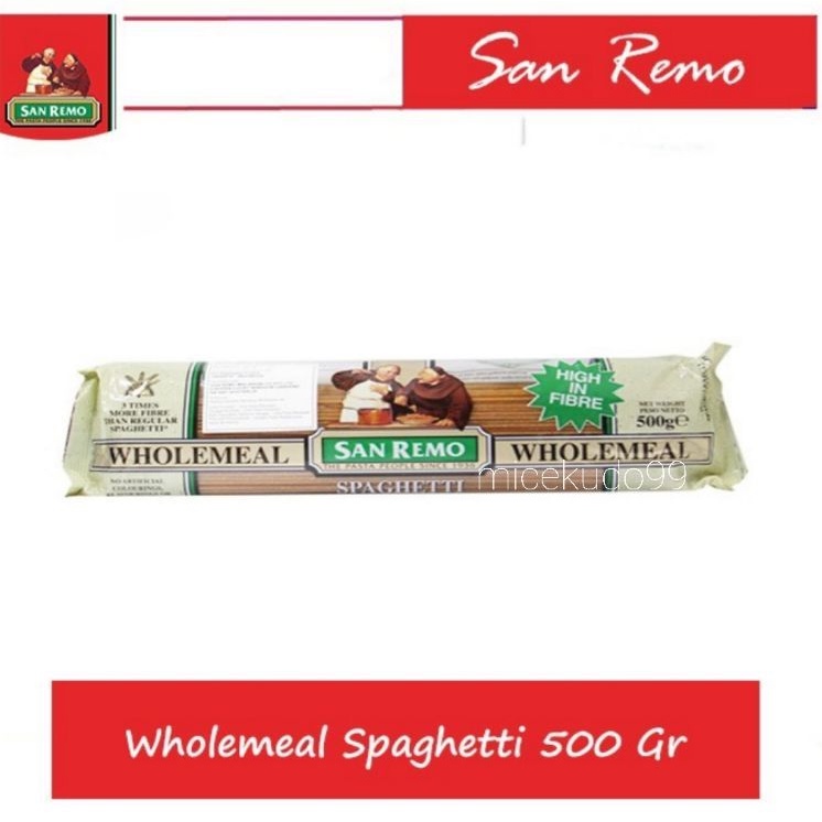 

SAN REMO SPAGHETTI WHOLEMEAL 500GR SANREMO PASTA SPAGHETI DURUM WHEAT HIGH FIBRE