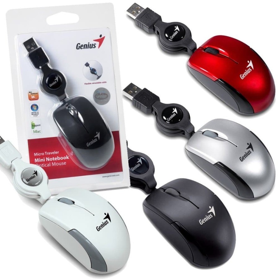 Optical Mouse GENIUS Micro Traveler Retractable Cable USB With 1000DPI