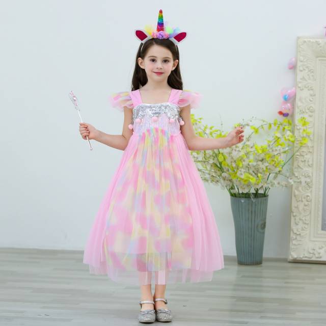 GAUN PANJANG PRINCESS RAINBOW PINK / DRESS PESTA ANAK GLITTER UNICORN IMPORT KOREA