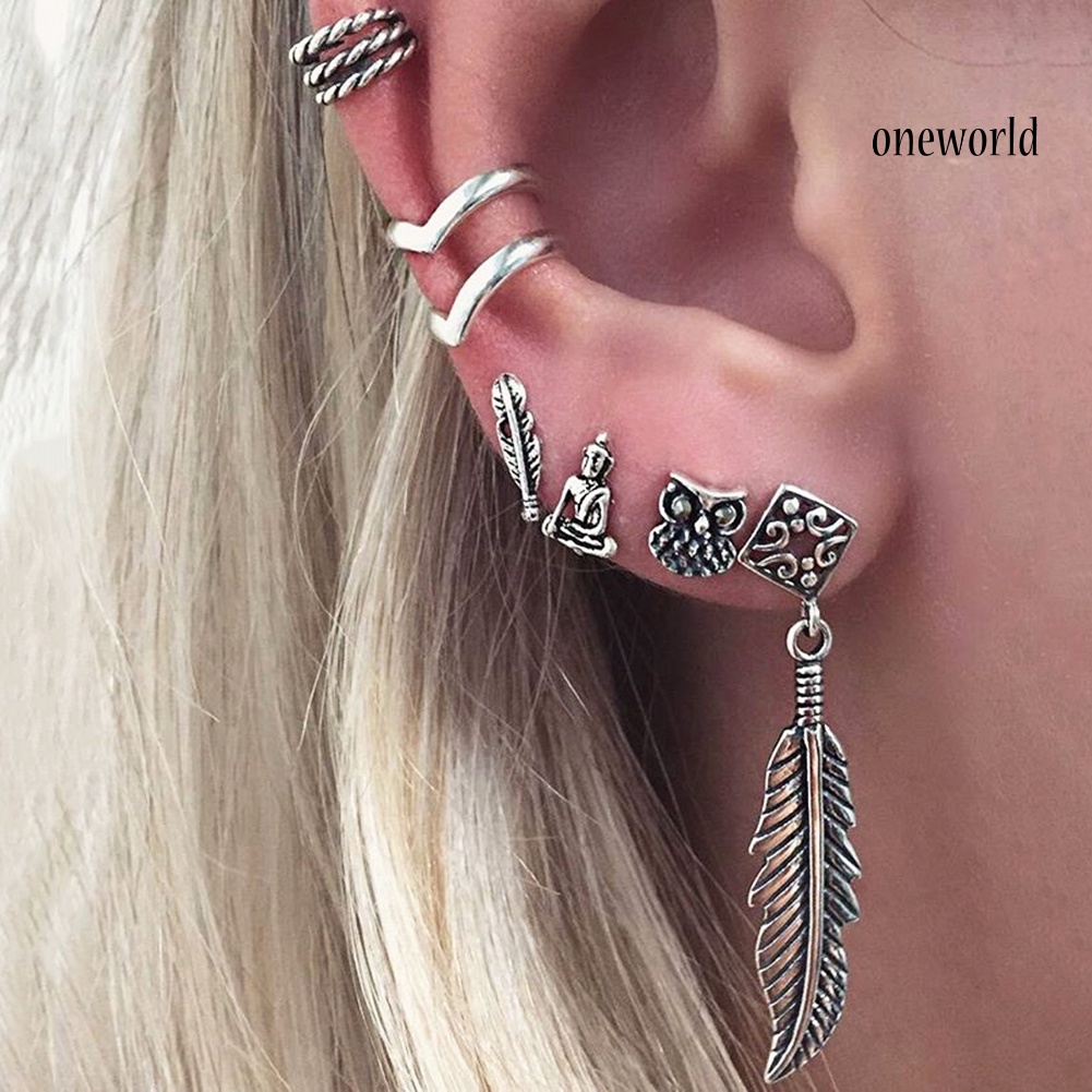 OW@ 6 Pcs/Set Boho Owl Buddha Feather Hollow Ear Cuff Ear Stud Cartilage Earrings