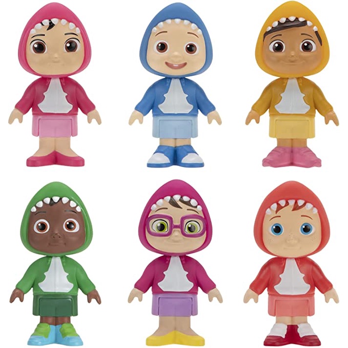 CoComelon 6 Figure Pack Family and Friends Shark Theme Pack Original - Includes JJ, Nico, Cody, Nina, Bella and Cece in Shark Hoodies / Figure mainan cocomelon tema hiu isi 6 Original