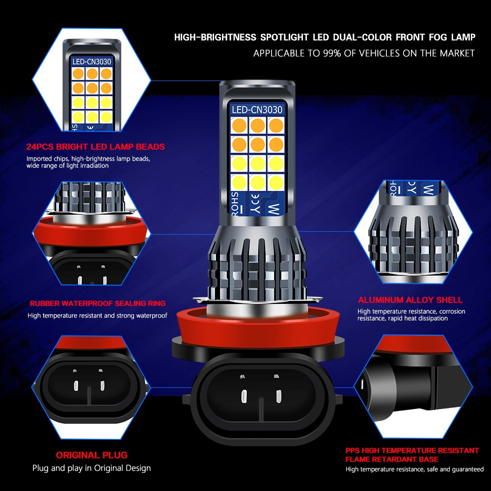 2Pcs Lampu Kabut LED 24SMD Dua Warna H8 H11 H3 H4 H7 9005 9006 Untuk Mobil