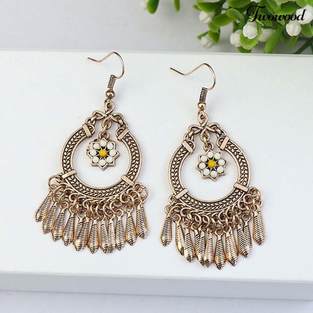 1 Pasang Anting Hook Model Hollow Aksen Manik-Manik Warna-Warni Gaya Bohemian Vintage Untuk Pesta