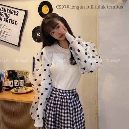 HOPYLOVY - Atasan Wanita Knit Polka Blouse Lengan Panjang Narima