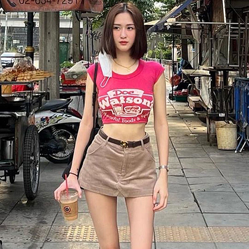 pro INSGOTH American retro print kaos lengan pendek wanita 2022 baru jalan pusar slim fit atasan pen