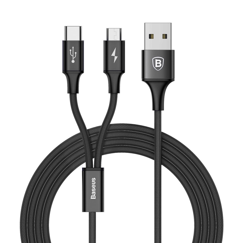 Baseus Rapid Series 2 in 1 Kabel Micro USB + USB Type C 3A 1.2 Meter - Black