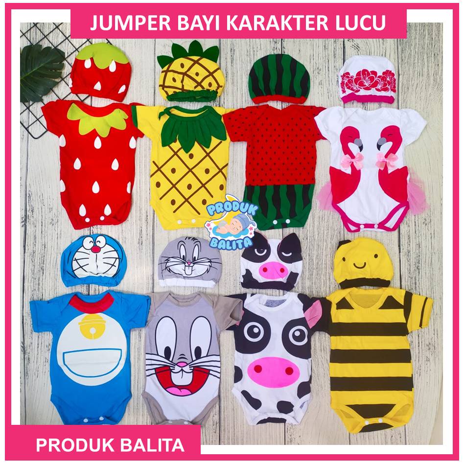 Baju Jumper Bayi Katun Motif Karakter Lucu Lengan Pendek Terlaris