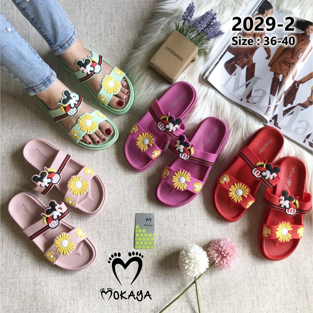 Sandal Slop Wanita Mickey Mouse Ban 2 Bunga Cantik Keren Import Mokaya/Sz 36-40 (2029-2)