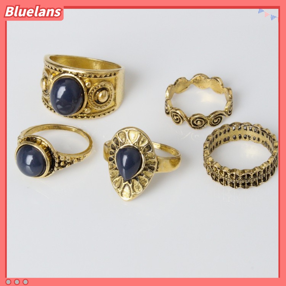 Bluelans 5Pcs Bohemian Vintage Blue Stone Alloy Finger Ring Women Charming Jewelry