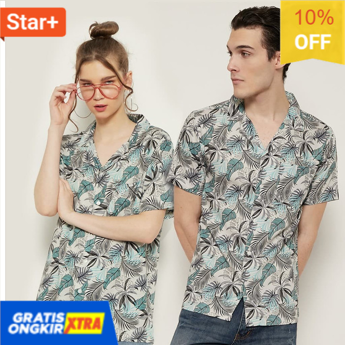 S M231 Kemeja Printing Hawai Motif Daun Warna Pale Blue 0551A  Sangat Laku Terbatas