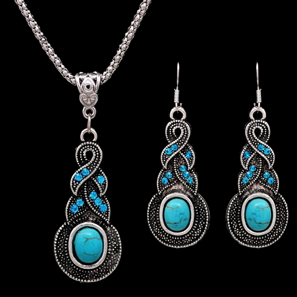 5026-4 Hot Vintage Elegant Retro Turquoise Dangel Hook Earrings &amp; Necklace Jewelry Sets 5026-4