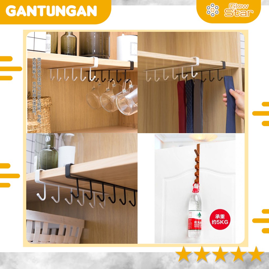 Rak Gantung Peralatan Dapur 6 Hook, Gantugan dasi, gantungan Pakaian, gantungan serbaguna