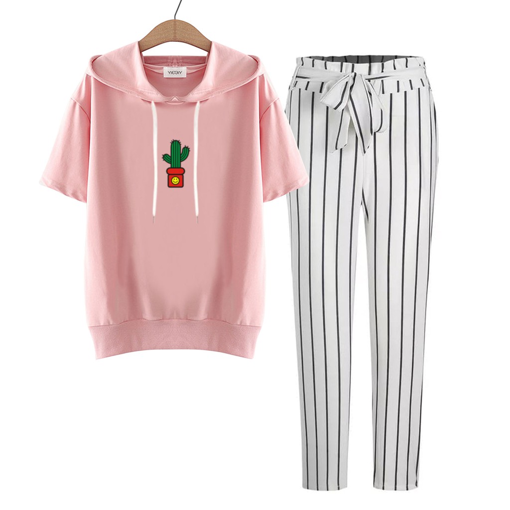 BESS - Baju Setelan Wanita Murah / Setelan Hoodie Crop Lengan Pendek + Celana Salur Putih - KAKTUS