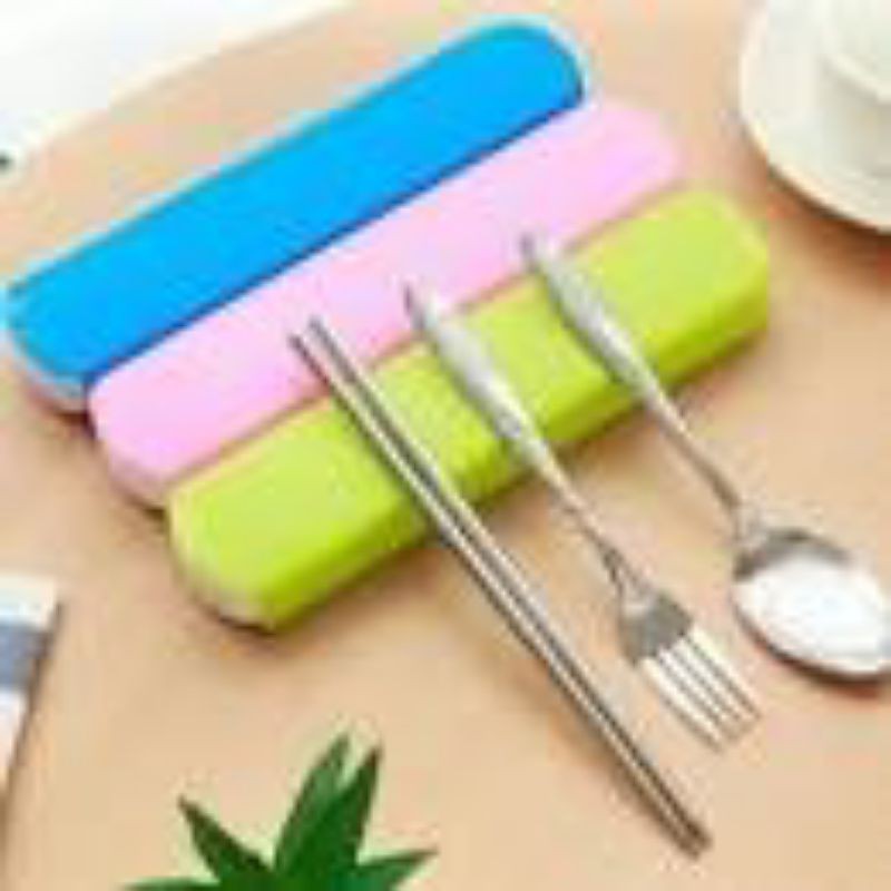 new Sendok garpu sumpit makan set stainless kotak box plastik travel spoon