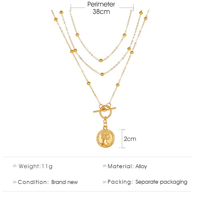 Retro Multilayer Necklace Portrait Coin Pendant Choker Golden Bead Sweater Chain Fashion Accessories