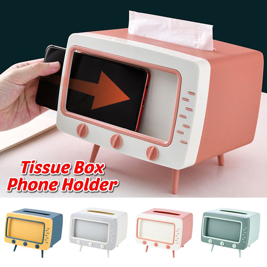 Korean Ins Style 2 in 1 Retro Desktop TV Shape Tissue Box Heightened Base Mobil  Phone Watching Pink