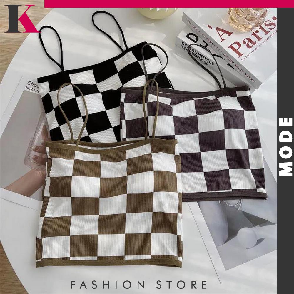 Tanktop Wanita Motif Catur Kotak-Kotak Tanpa Lengan / Crop Top Tengtop Atasan Wanita Bahan Rajut