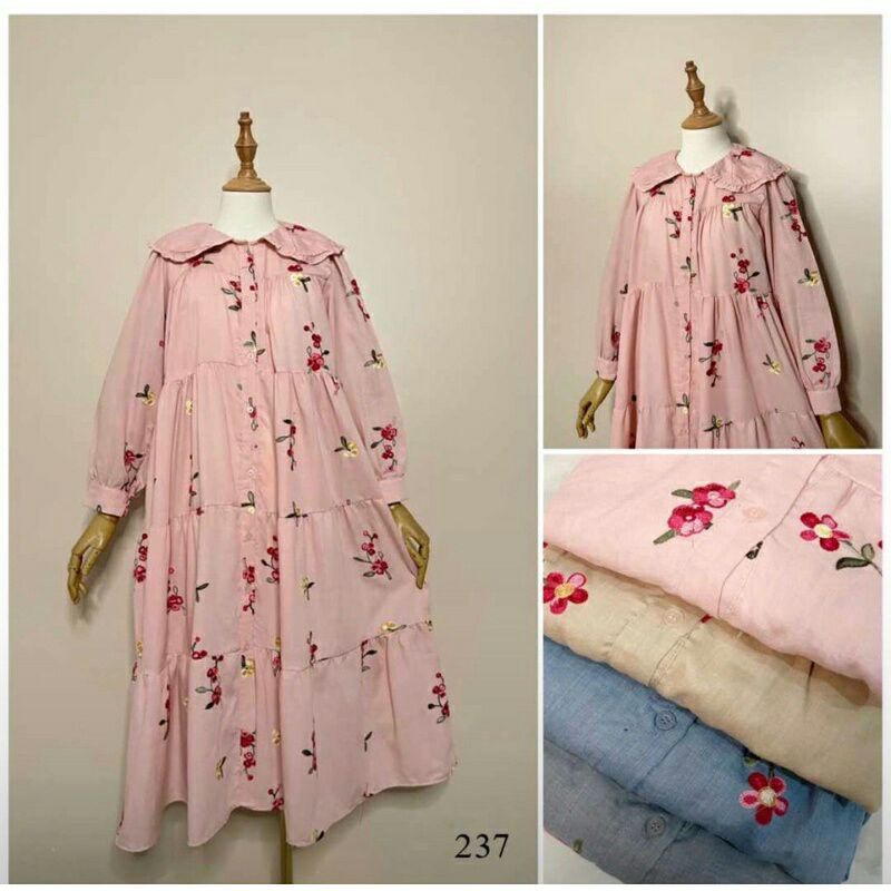 Midi Dress J'ADORE Jadore Katun Full Bordir Sulam Kerah Collar